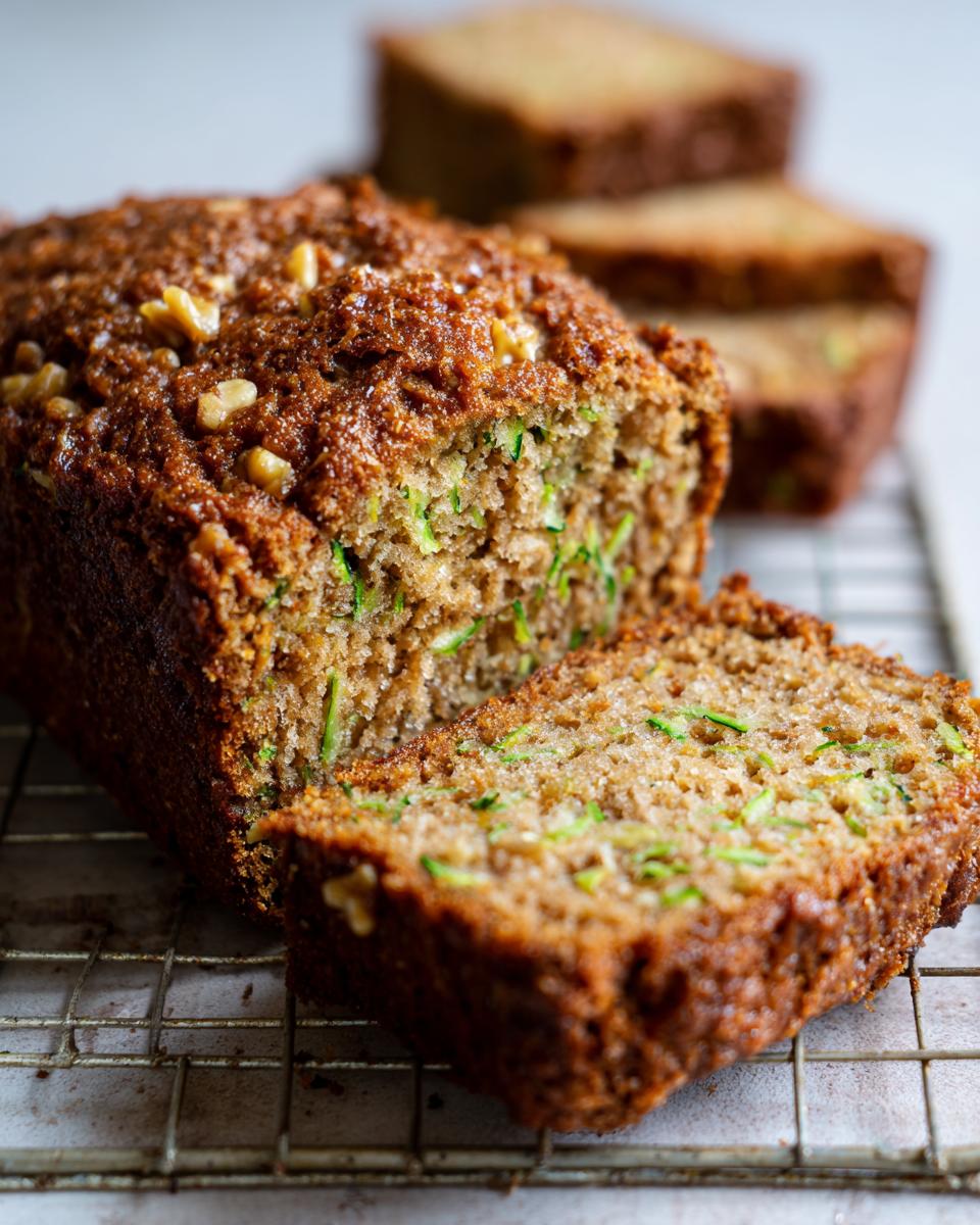 Close-up of a slice of moist zucchini bread, showing grated zucchini and walnuts, on a cooling rack.