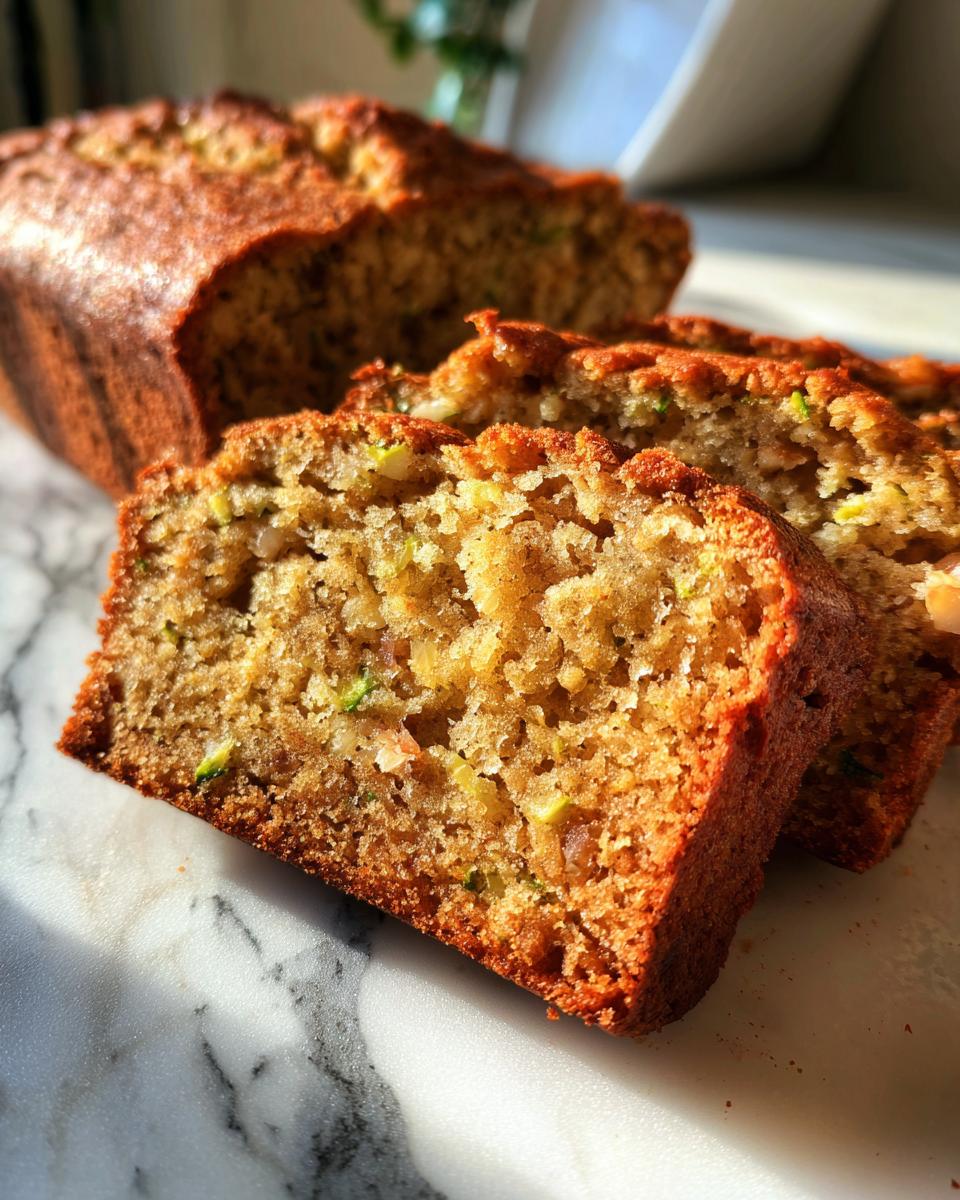 Close-up of moist zucchini bread slices on a marble surface, showing the texture and green flecks of zucchini.