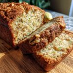Close-up of moist zucchini bread with visible zucchini shreds and walnuts, sliced on a wooden board.