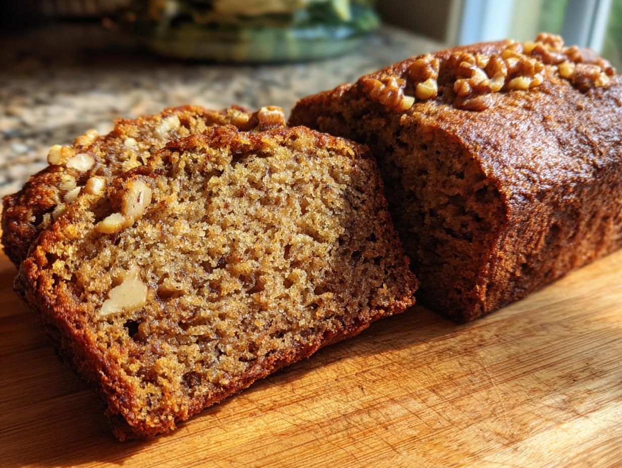 Close-up of moist zucchini bread sliced on a wooden cutting board, showing walnuts within the loaf.