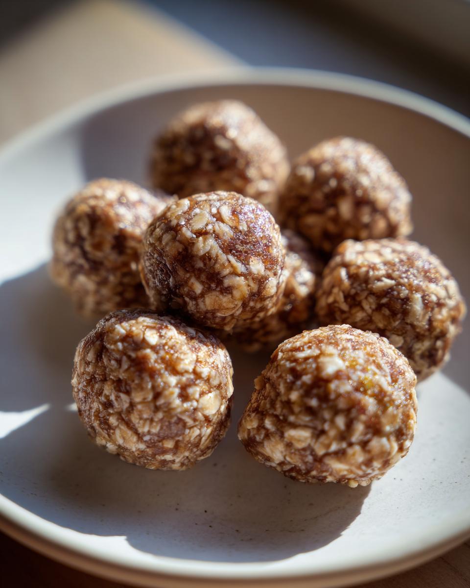 A close-up shot of a pile of delicious oatmeal protein balls in a white bowl.