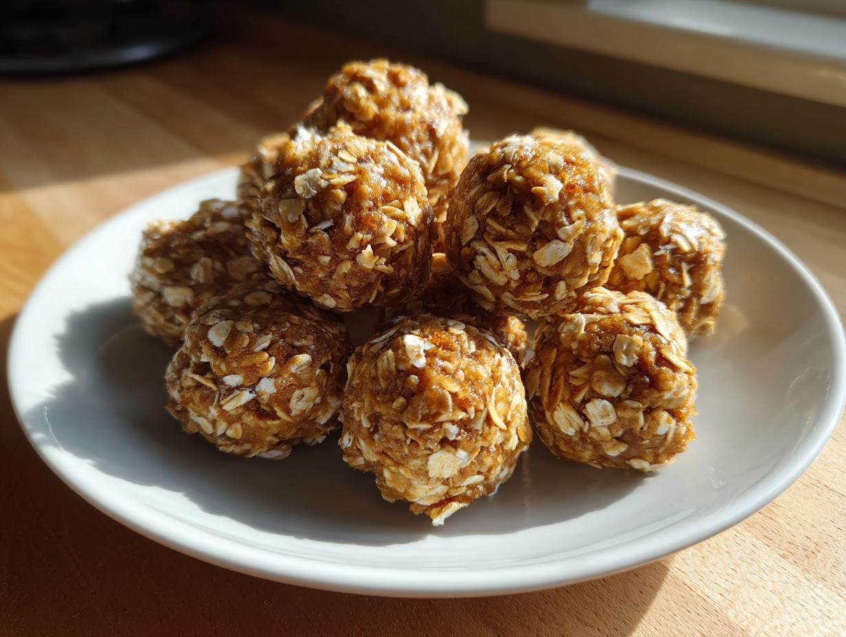 A pile of delicious oatmeal protein balls on a white plate, showcasing their texture and ingredients.