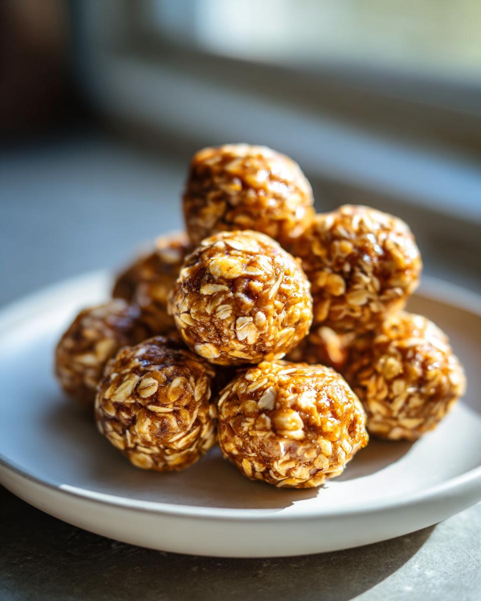 A close-up stack of homemade oatmeal protein balls on a white plate, glistening in natural light.