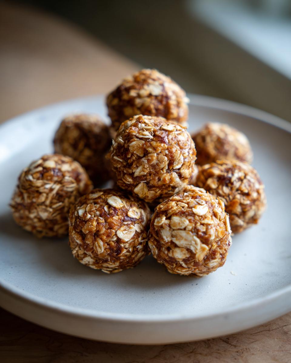 A close-up shot of a stack of delicious oatmeal protein balls on a light grey plate.