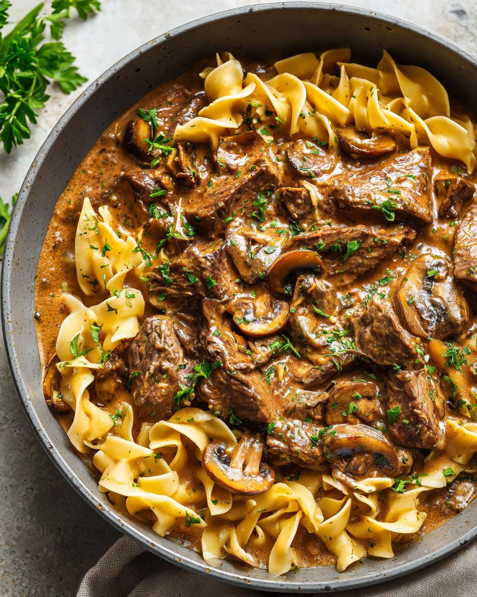 A close-up overhead view of old fashioned beef stroganoff served with wide egg noodles and garnished with parsley.