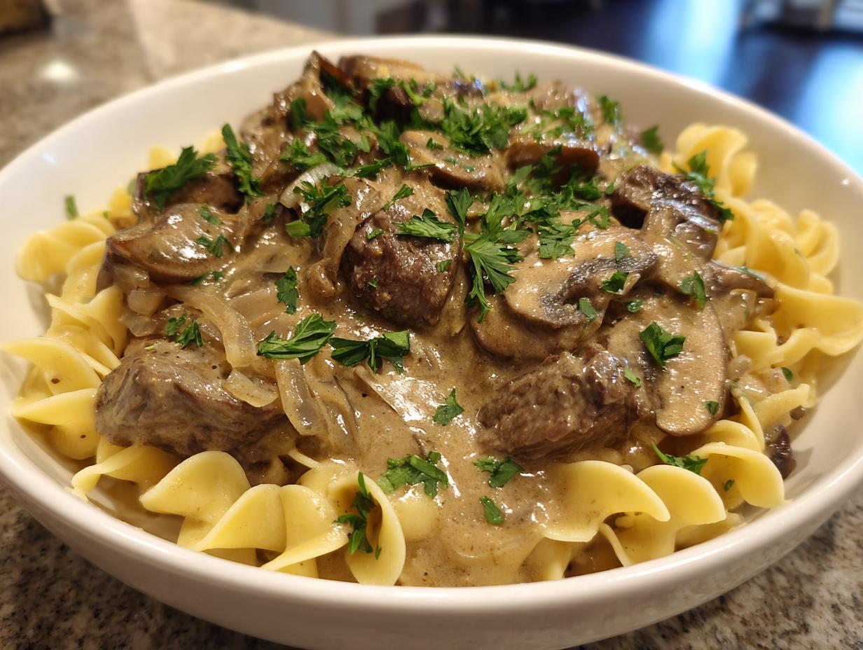 A close-up of a bowl of old fashioned beef stroganoff served over egg noodles, garnished with fresh parsley.