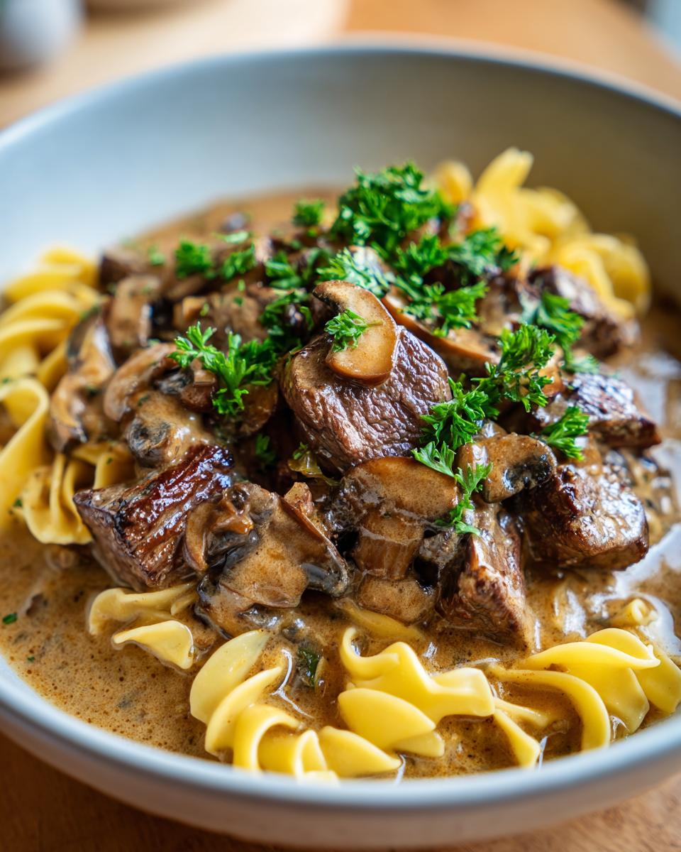 Close-up of a bowl of old fashioned beef stroganoff with tender beef, mushrooms, and egg noodles, garnished with parsley.