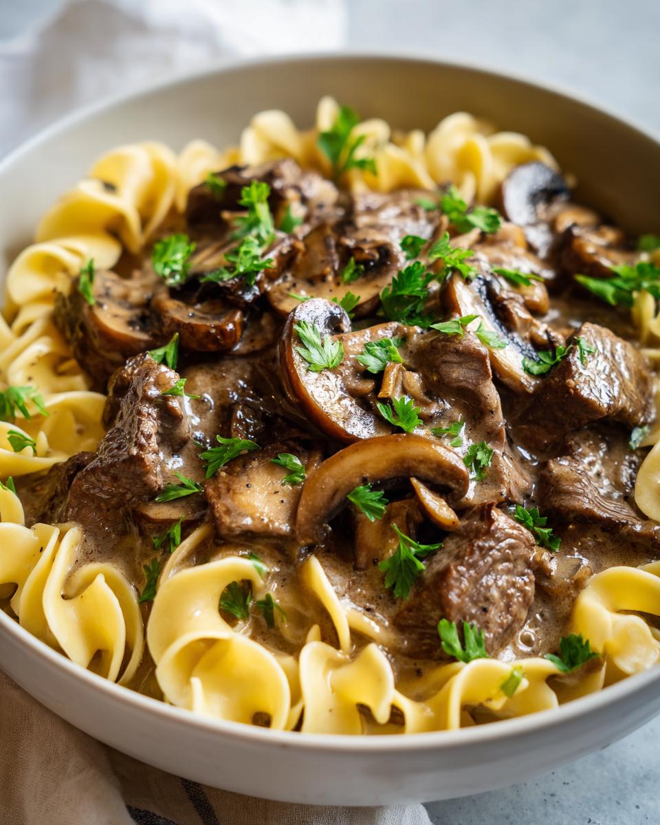 A close-up of a bowl of old fashioned beef stroganoff served over wide egg noodles, topped with mushrooms and parsley.