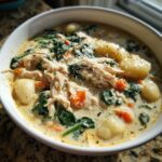 A close-up of a white bowl filled with Olive Garden chicken gnocchi soup, featuring shredded chicken, gnocchi, spinach, and carrots.