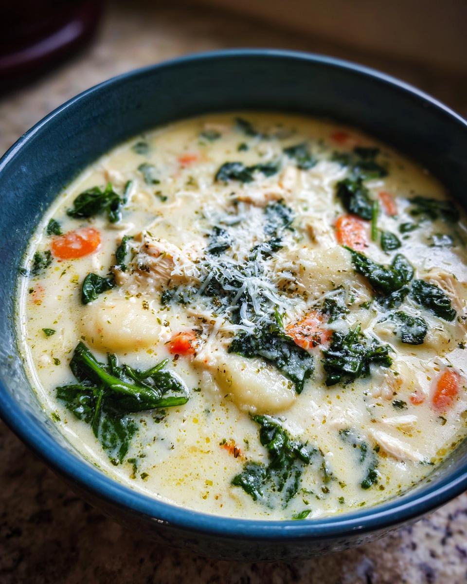 A close-up of a bowl of Olive Garden Chicken Gnocchi Soup, featuring tender chicken, soft gnocchi, spinach, and carrots in a creamy broth.