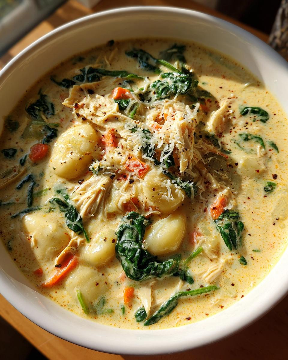 A close-up bowl of Olive Garden Chicken Gnocchi Soup with tender chicken, soft gnocchi, spinach, and carrots in a creamy broth.