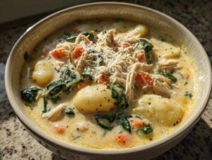 A bowl of creamy Olive Garden chicken gnocchi soup filled with tender chicken, soft gnocchi, spinach, and carrots, topped with shredded Parmesan.
