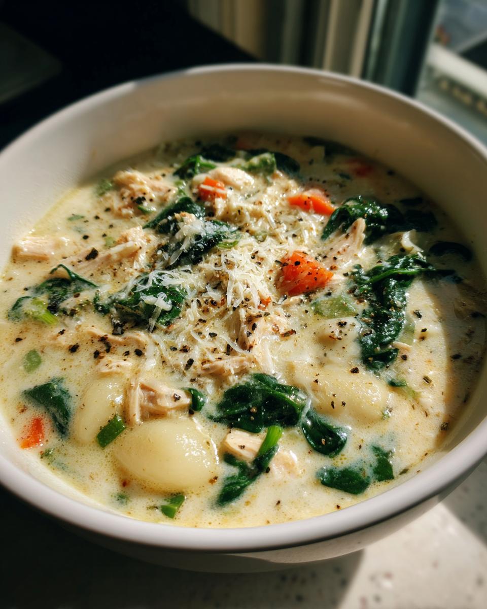 A close-up of a bowl of Olive Garden Chicken Gnocchi Soup, featuring tender chicken, soft gnocchi, spinach, and carrots in a creamy broth.