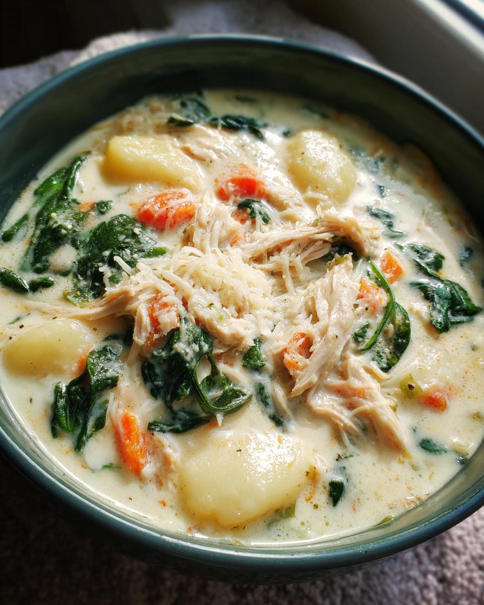 A close-up bowl of Olive Garden Chicken Gnocchi Soup with shredded chicken, spinach, carrots, and gnocchi.