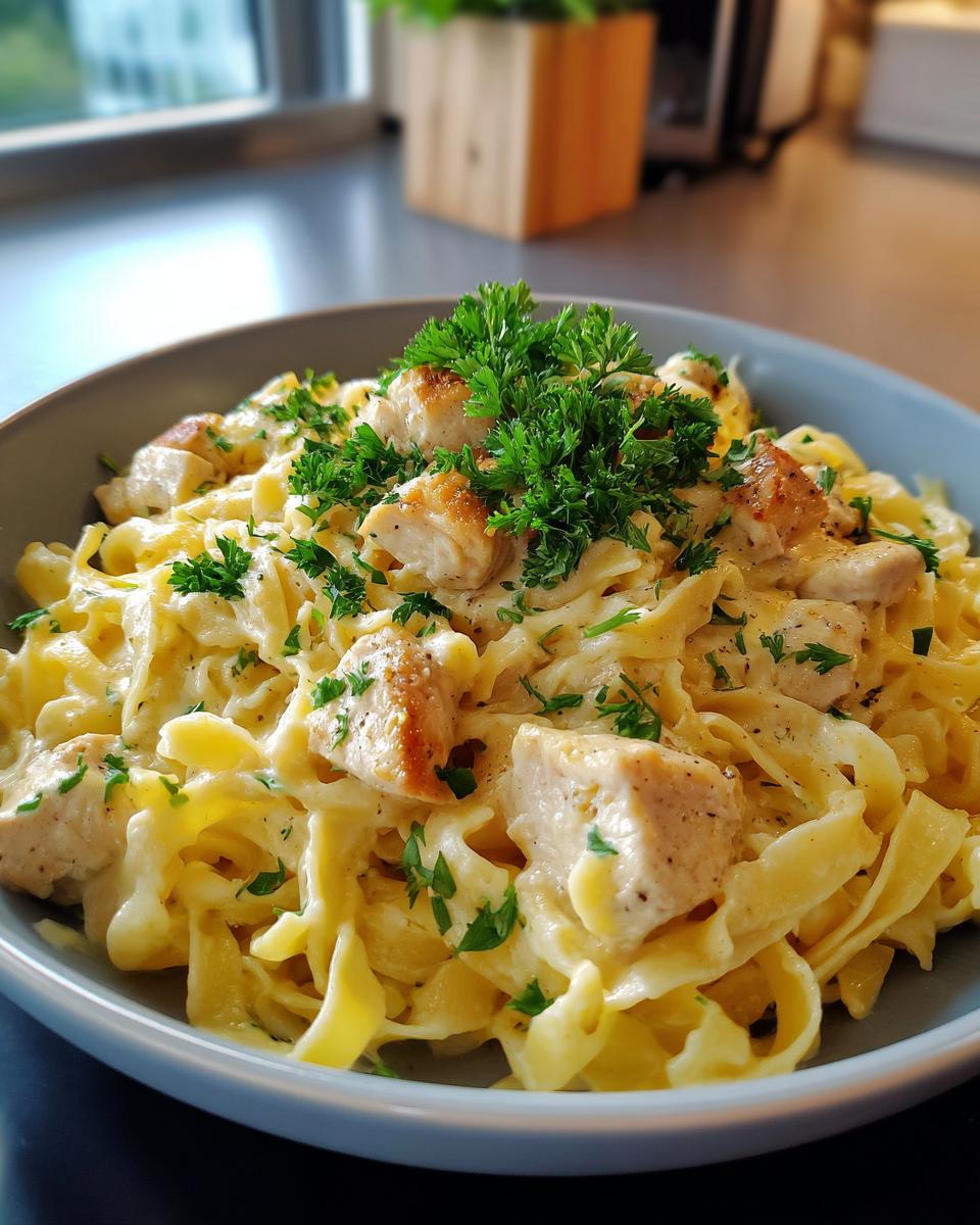 A close-up of a bowl of one-pan chicken and noodles, featuring creamy fettuccine, tender chicken pieces, and fresh parsley garnish.