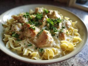 A close-up shot of a bowl of creamy one-pan chicken and noodles, garnished with fresh parsley.