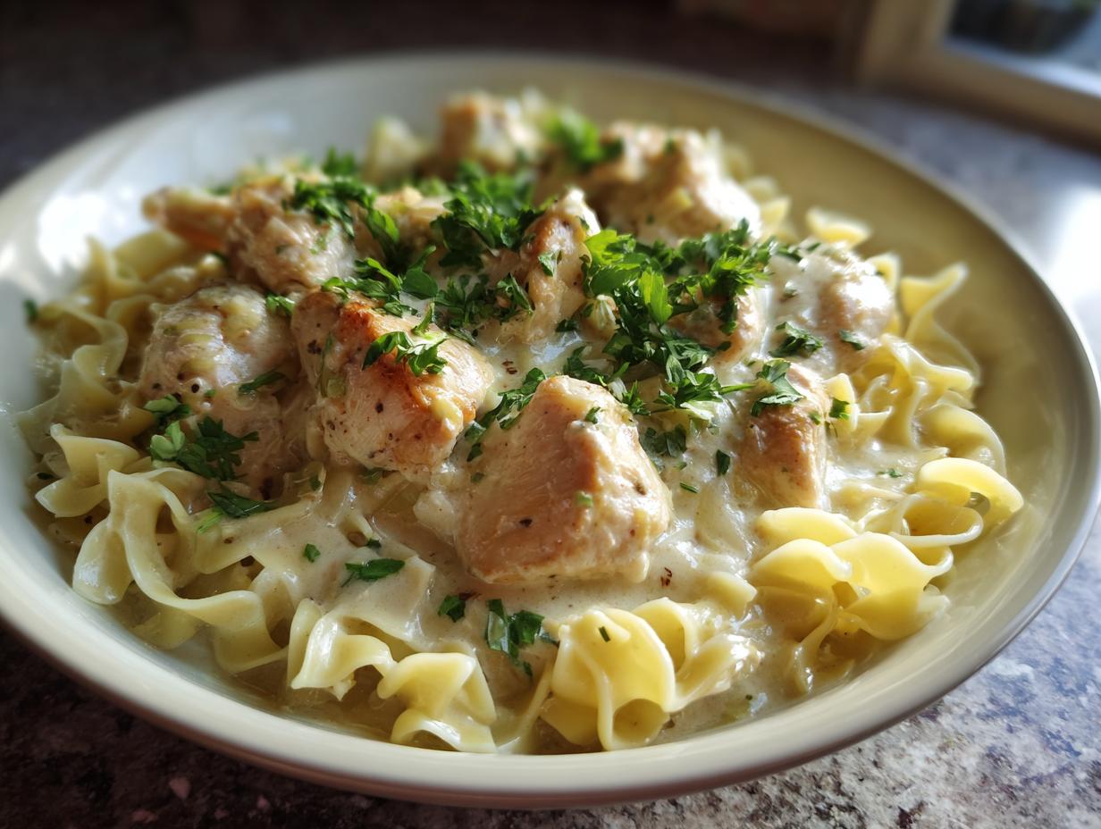 A close-up shot of a bowl of creamy one-pan chicken and noodles, garnished with fresh parsley.