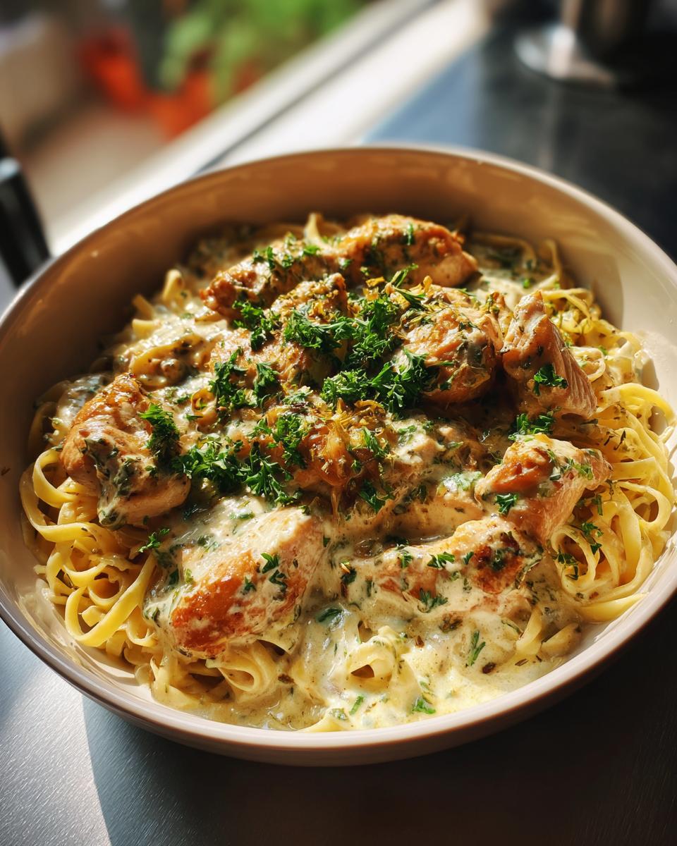 A close-up of creamy one-pan chicken and noodles, garnished with fresh parsley.