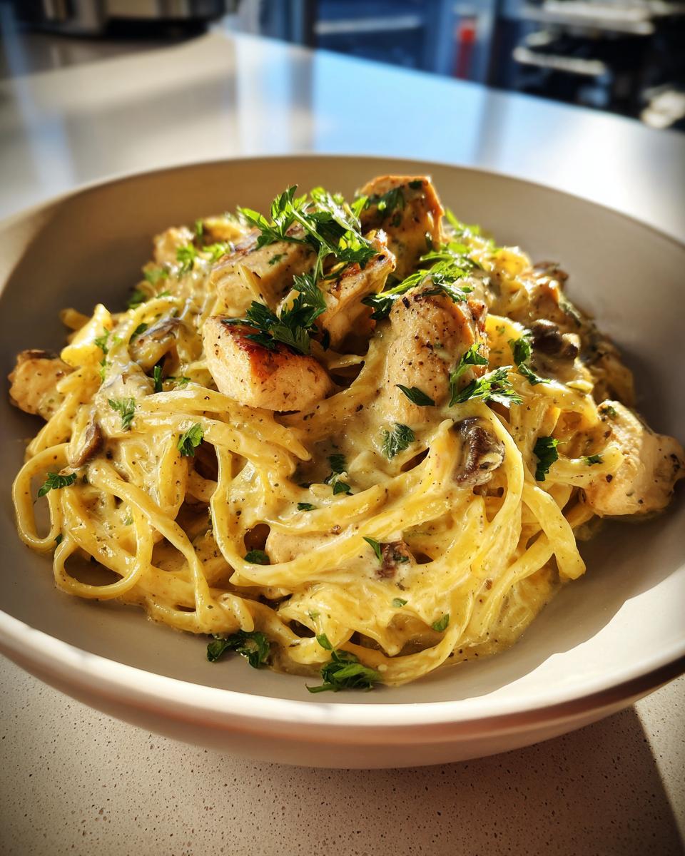A close-up of creamy one-pan chicken and noodles, garnished with fresh parsley.