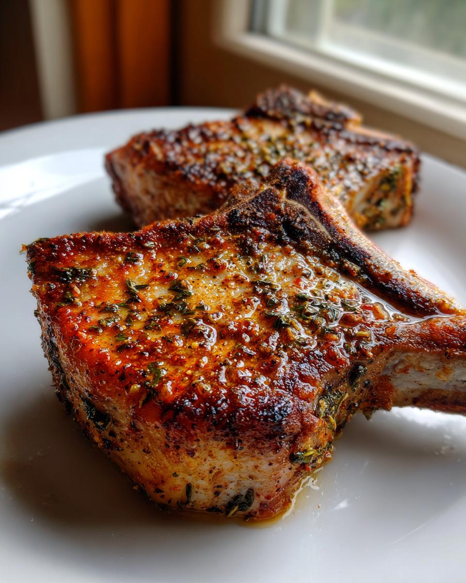 Close-up of two juicy oven baked pork chops seasoned with herbs and spices, resting on a white plate.