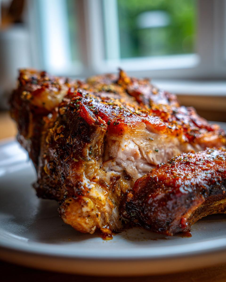 Close-up of juicy oven baked pork chops, seasoned with herbs and spices, on a plate.