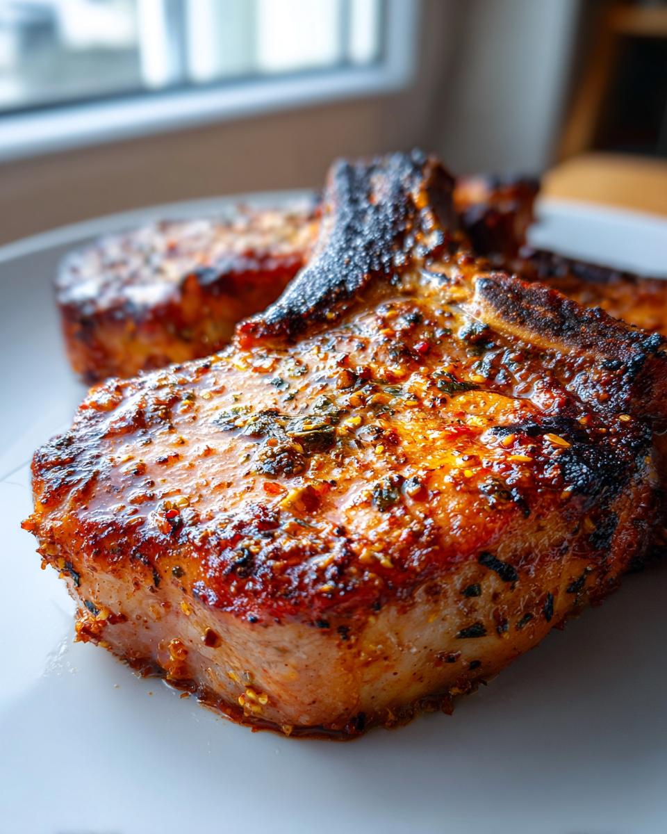 Close-up of perfectly cooked oven baked pork chops, glistening with juices and coated in herbs and spices.