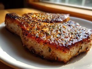 Close-up of two juicy oven baked pork chops seasoned with herbs and spices on a white plate.