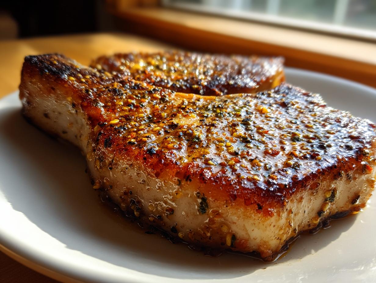 Close-up of two juicy oven baked pork chops seasoned with herbs and spices on a white plate.