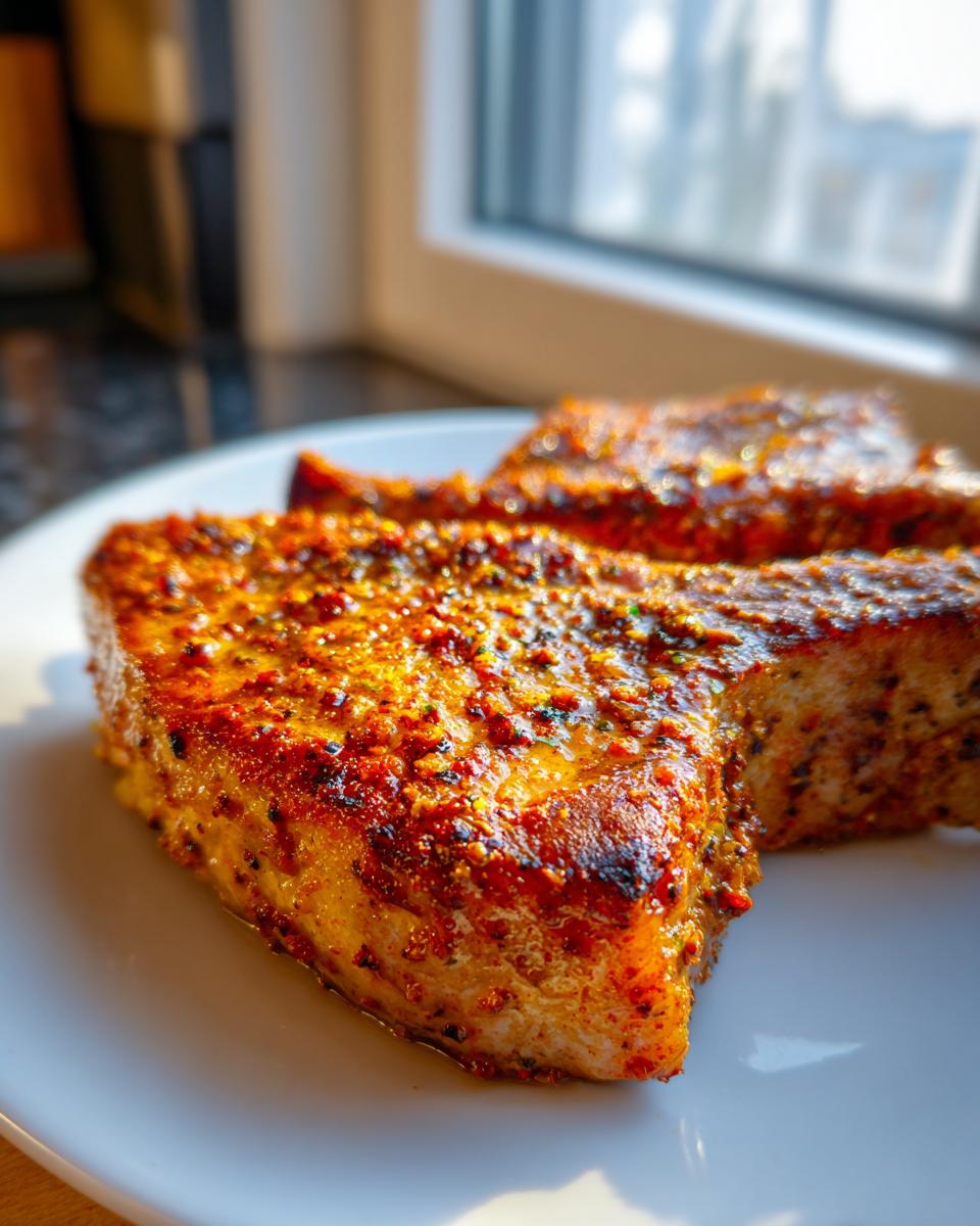 Close-up of perfectly seasoned oven baked pork chops on a white plate, with a golden-brown crust.