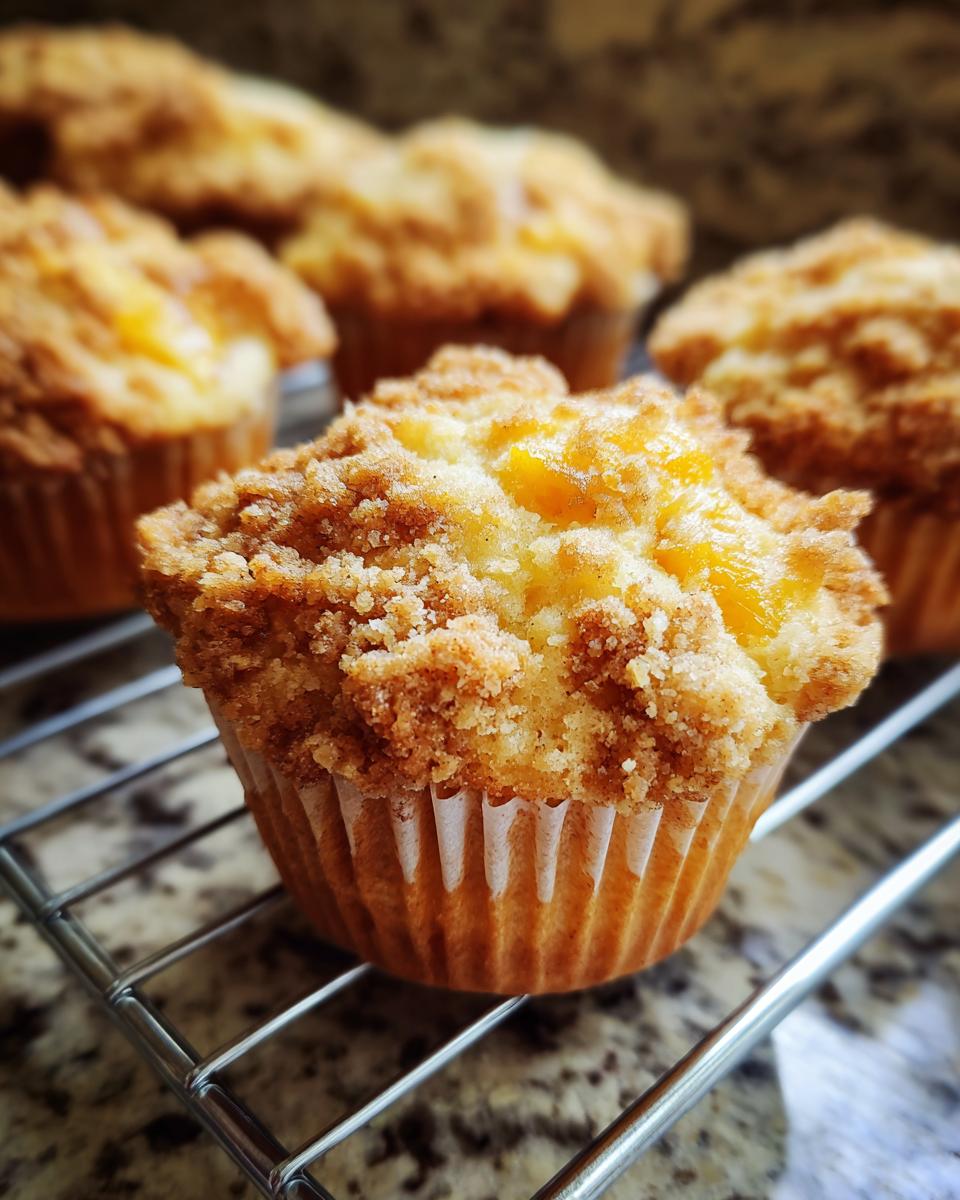 Close-up of a delicious peach cobbler muffin with a crumb topping, sitting on a cooling rack.