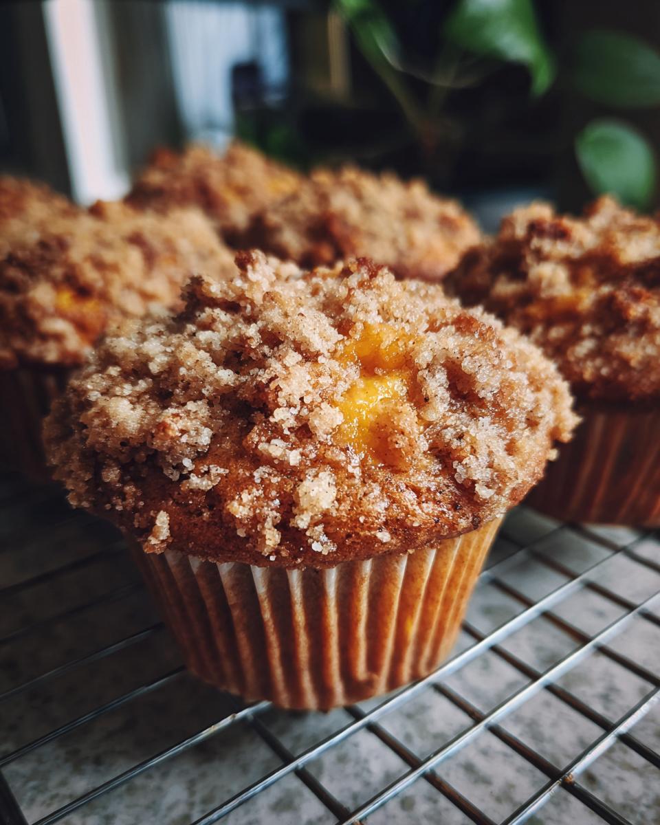 Close-up of freshly baked peach cobbler muffins with a golden crumble topping, resting on a cooling rack.