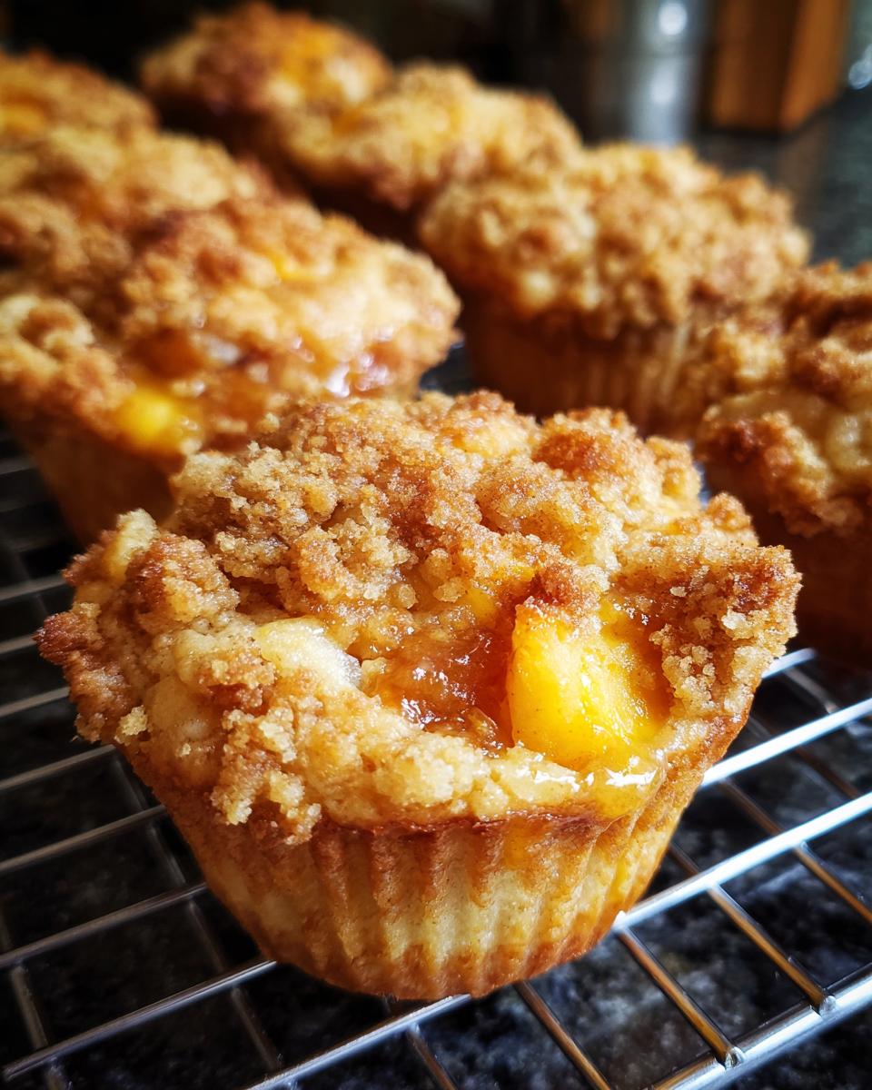 Close-up of a freshly baked peach cobbler muffin with visible chunks of peach and a golden crumble topping.