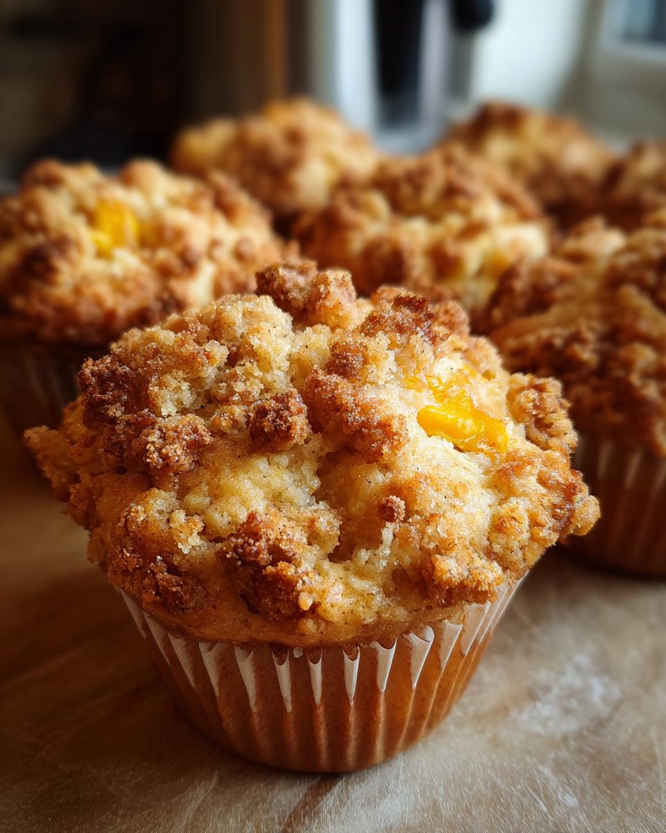Close-up of a freshly baked peach cobbler muffin with a golden crumble topping and visible peach pieces.