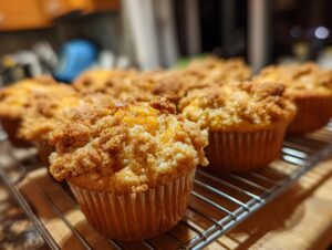 Close-up of freshly baked peach cobbler muffins with a golden crumble topping and visible peach pieces.