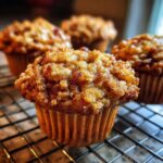 Close-up of a freshly baked peach cobbler muffin with a golden streusel topping on a cooling rack.