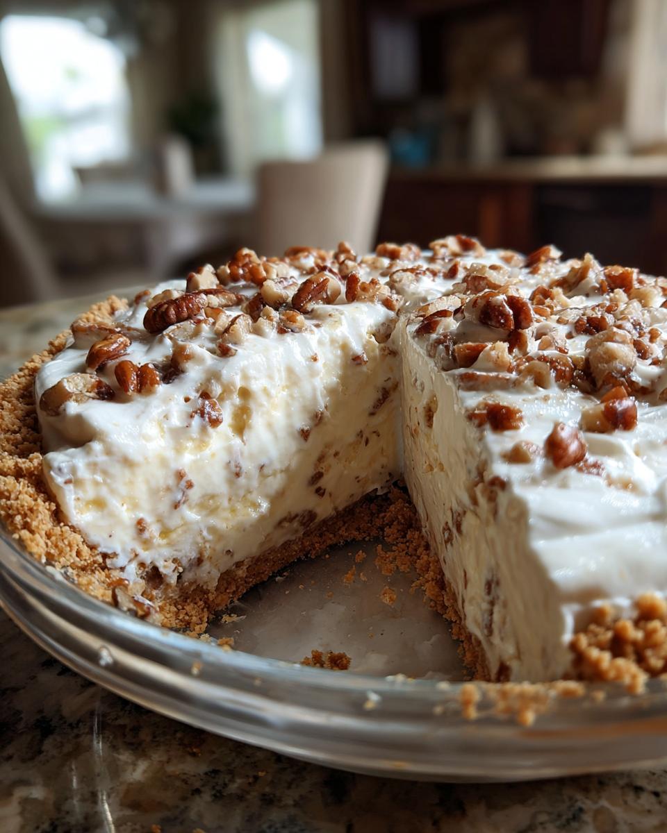 A slice of delicious no-bake Pecan Cream Pie, topped with chopped pecans and a creamy filling.