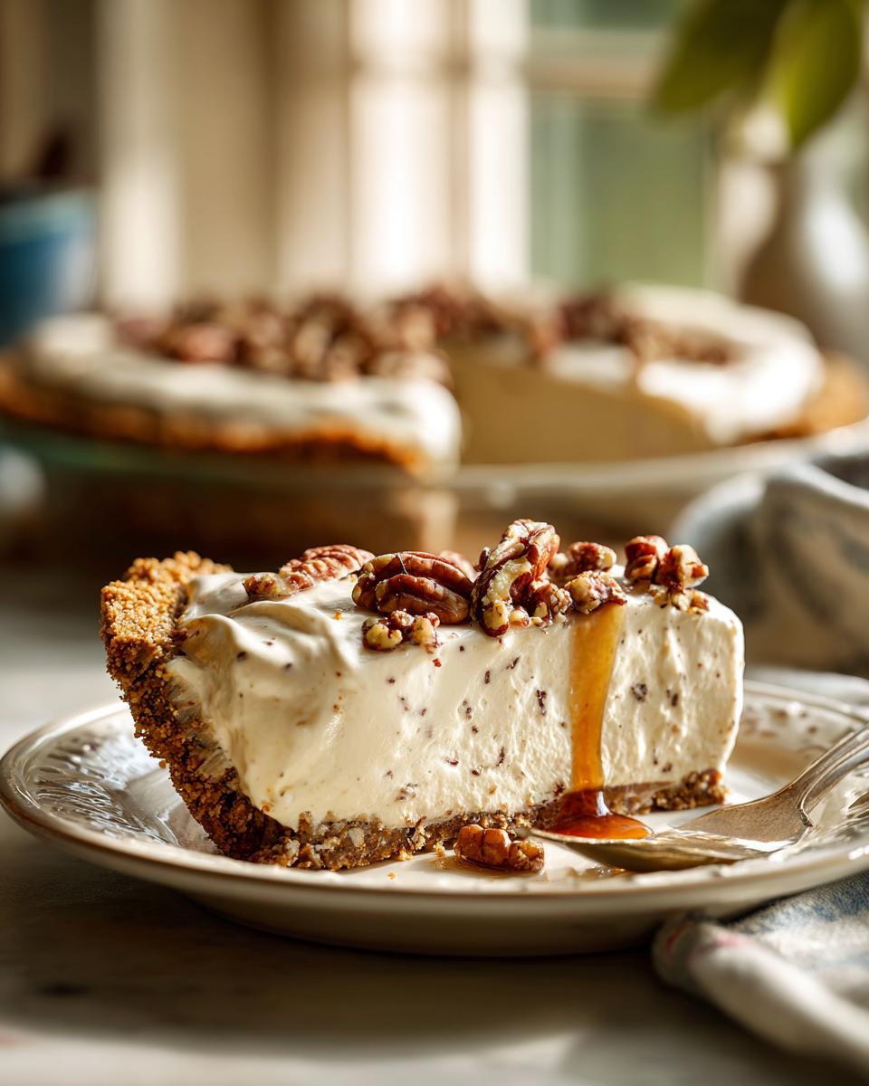 A delicious slice of no-bake Pecan Cream Pie, topped with pecans and drizzled with caramel.