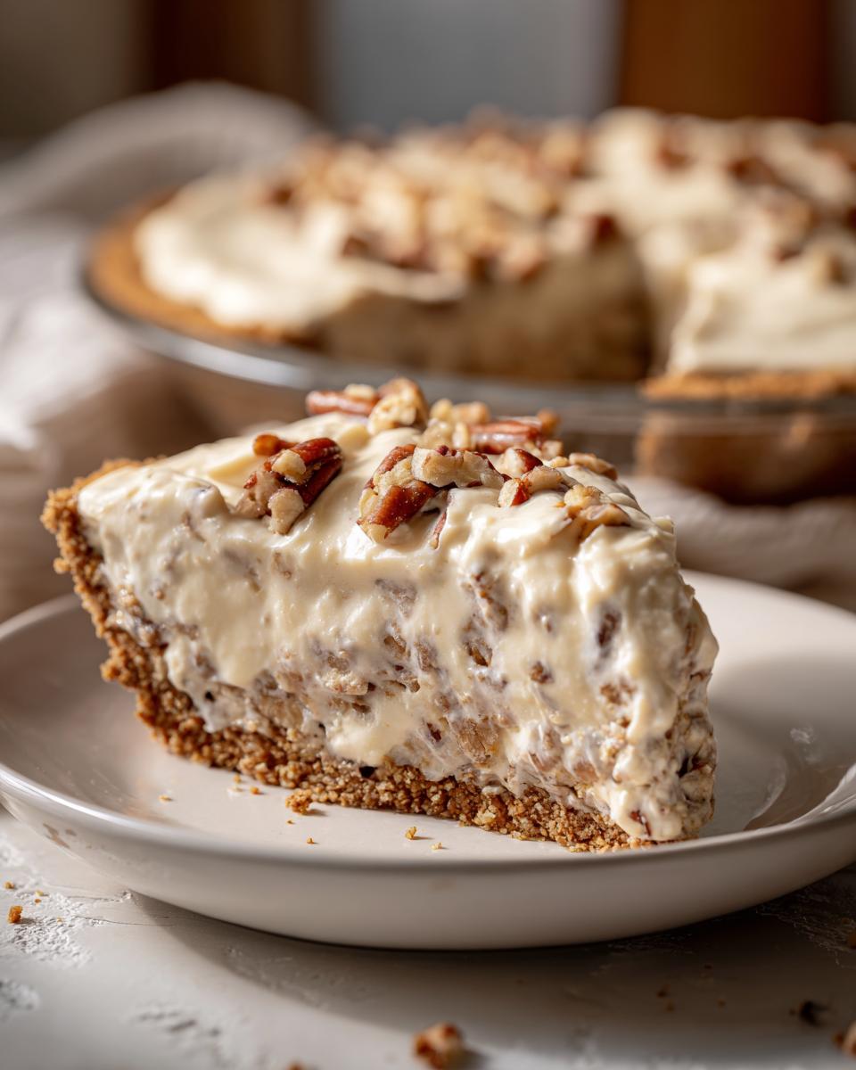 A close-up of a slice of no-bake Pecan Cream Pie, showing the creamy filling and pecan topping.