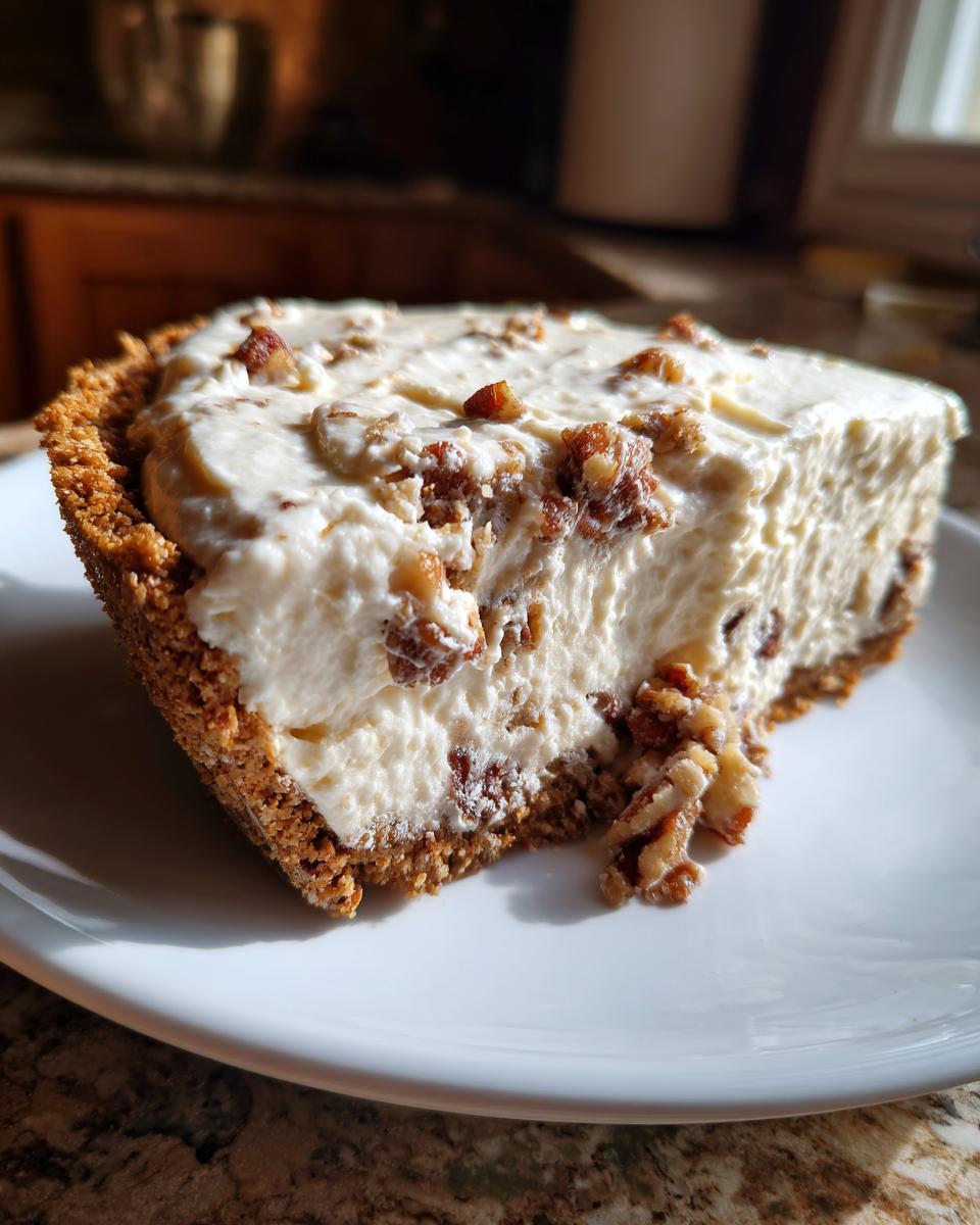 A generous slice of no-bake Pecan Cream Pie on a white plate, showcasing its creamy filling and pecan topping.