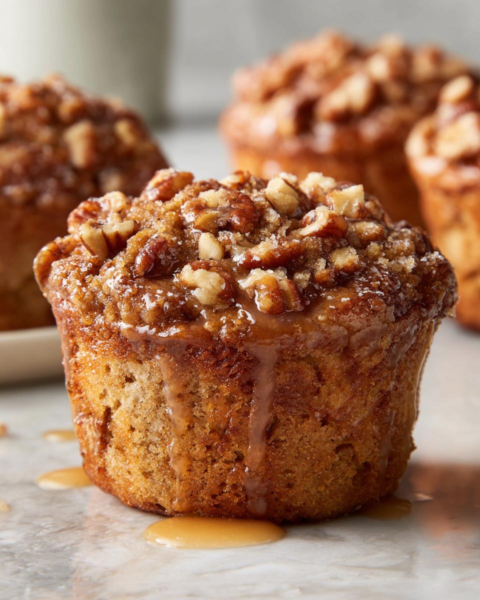 Close-up of a moist pecan pie muffin topped with chopped pecans and a rich caramel drizzle.