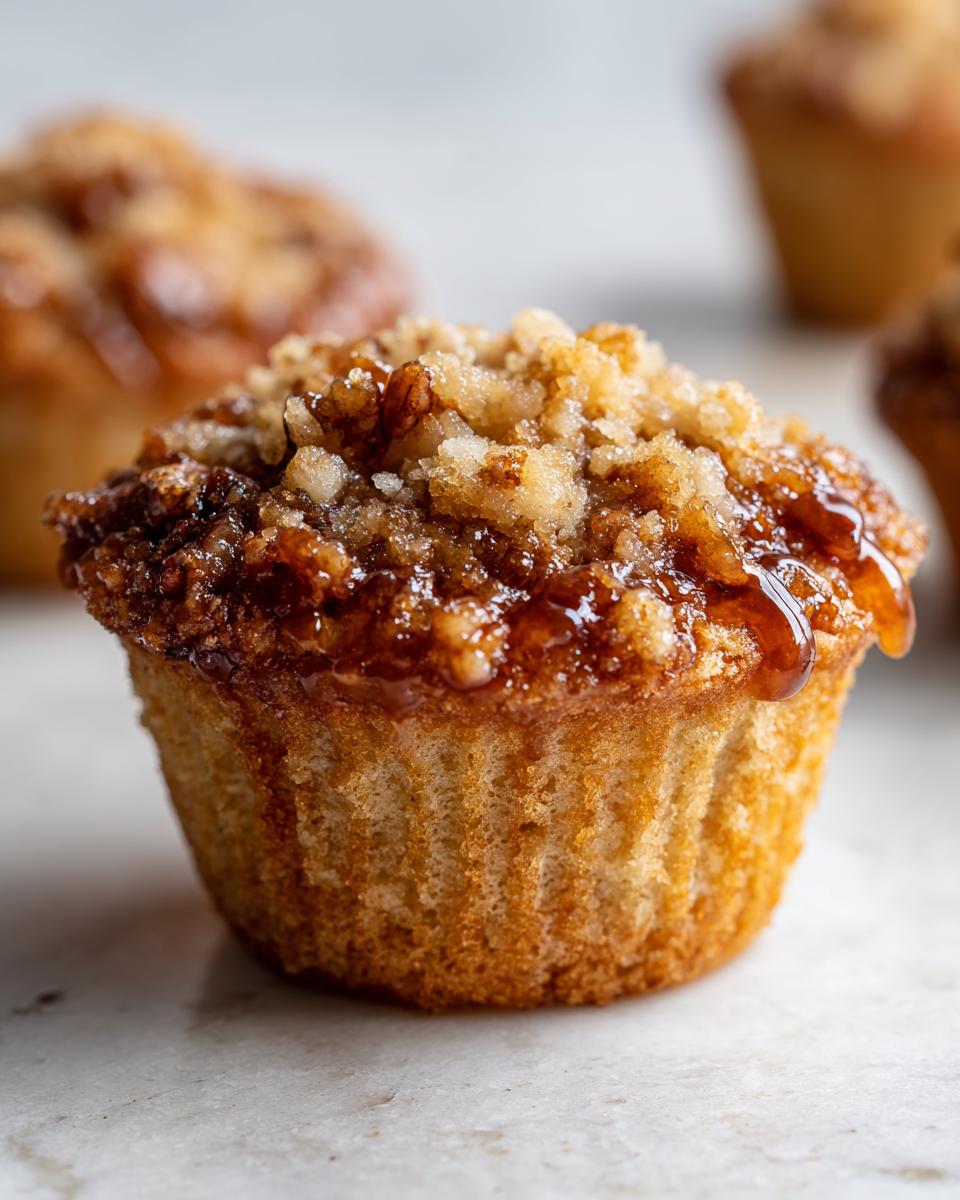 Close-up of a golden-brown pecan pie muffin topped with a sweet crumble and glaze.