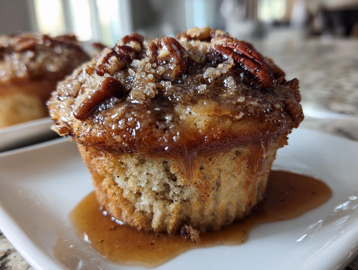 Close-up of a moist pecan pie muffin topped with pecans, brown sugar, and a rich glaze.