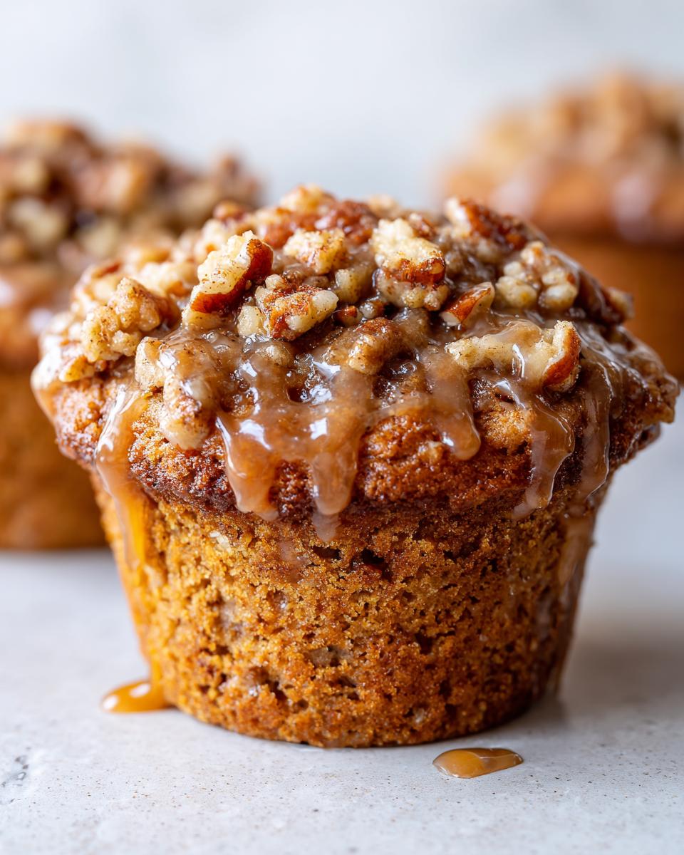 Close-up of a freshly baked pecan pie muffin topped with chopped pecans and a caramel glaze.
