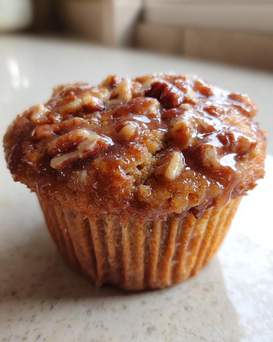 Close-up of a single pecan pie muffin, golden brown with a glossy pecan topping.