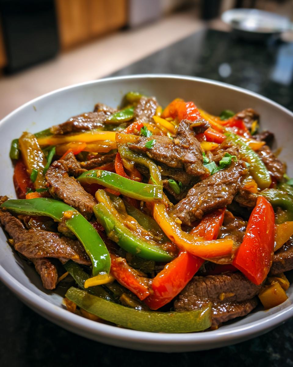 A close-up of a bowl filled with vibrant pepper steak, featuring tender strips of beef and colorful bell peppers in a savory sauce.