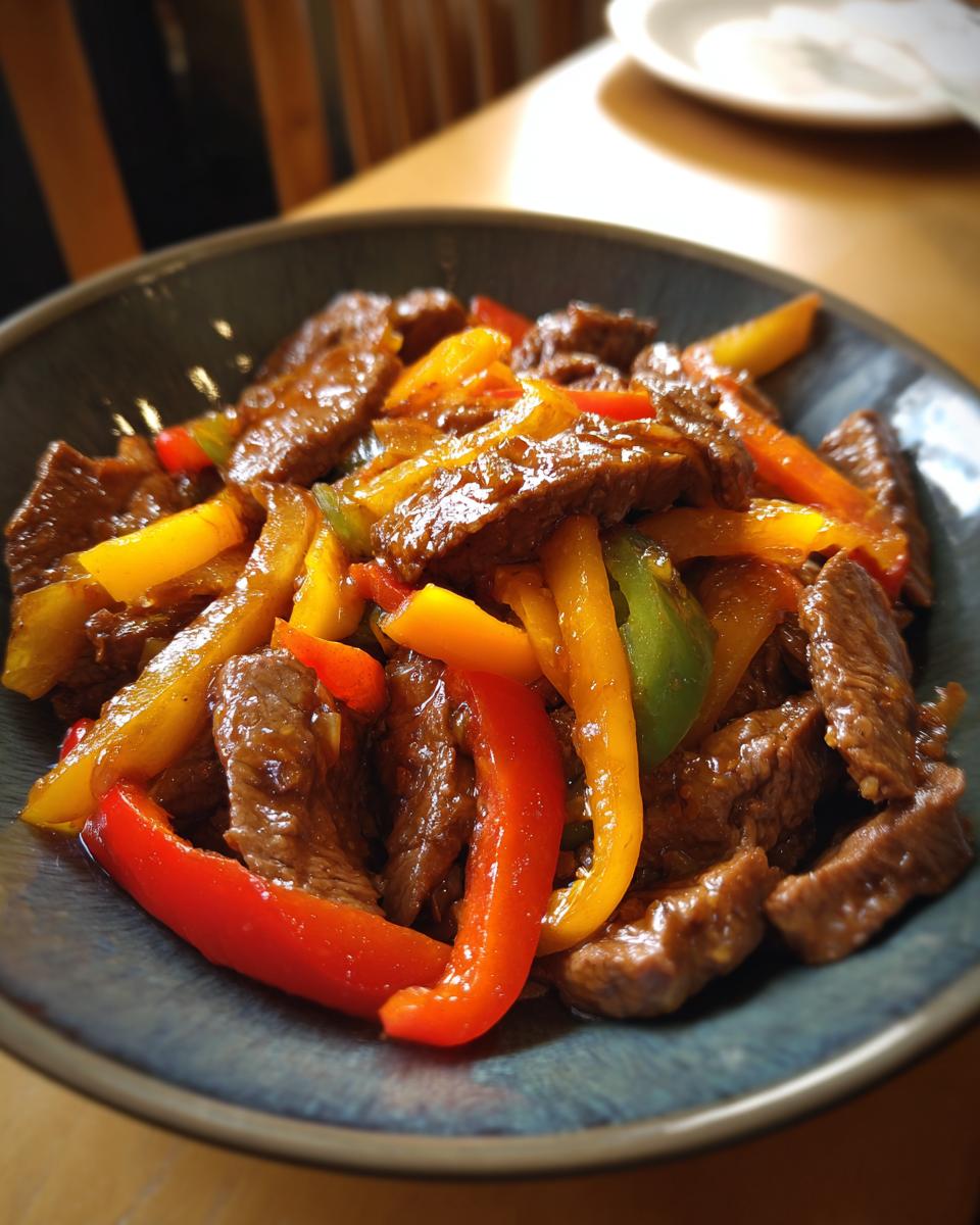 A close-up of a bowl filled with tender slices of pepper steak and vibrant red, yellow, and green bell peppers.