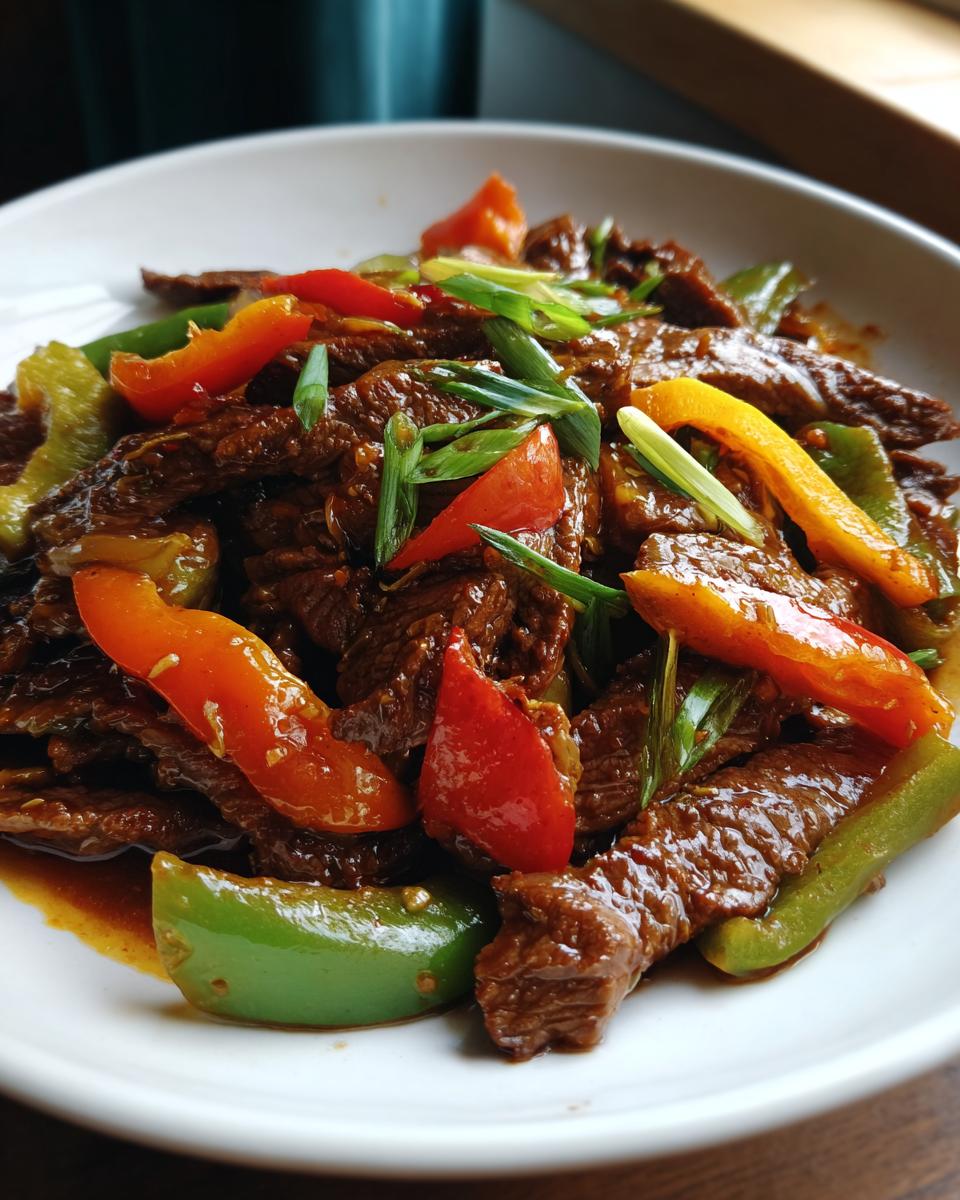 Close-up of a delicious 30-min pepper steak with tender beef strips, colorful bell peppers, and green onions.