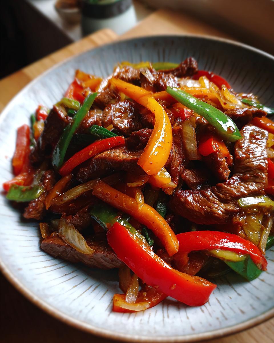 Close-up of a vibrant pepper steak stir-fry with tender beef strips and colorful bell peppers in a glossy sauce.