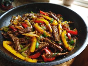 A close-up view of a wok filled with a vibrant pepper steak stir-fry, featuring thinly sliced beef, colorful bell peppers, and onions.