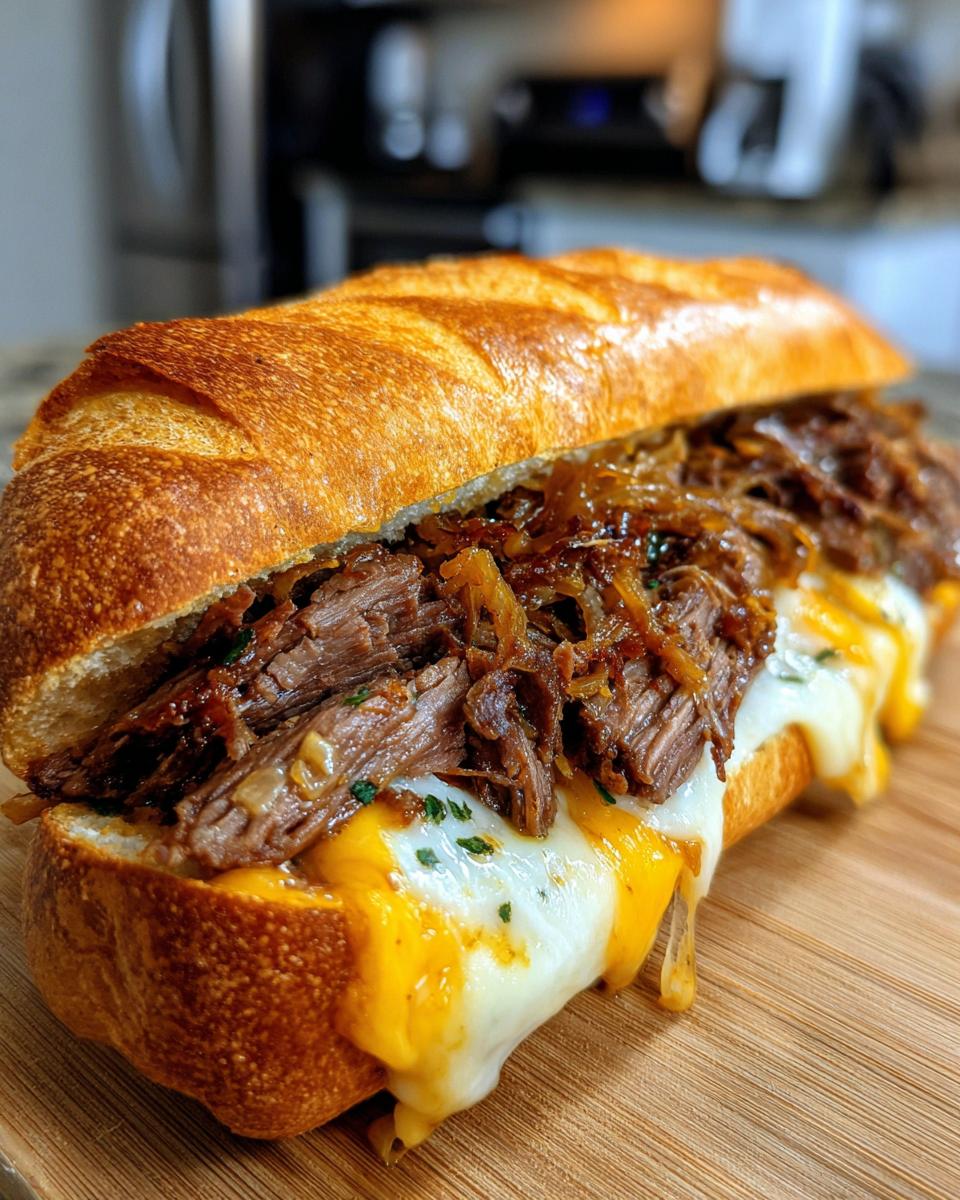 Close-up of a delicious Philly Cheesesteak sandwich with melted cheese, tender beef, and caramelized onions on a toasted roll.